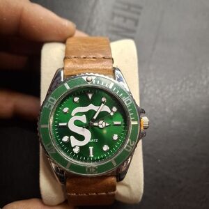 Shabazz Green Dial Quartz Watch with Brown Leather Strap